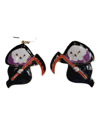 Halloween-themed enamel earrings depicting a friendly Grim Reaper