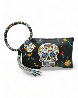 Black clutch wristlet with Day of the Dead design