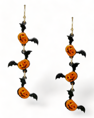 A pair of Halloween-themed earrings, featuring alternating black bats and orange jack-o'-lanterns, 